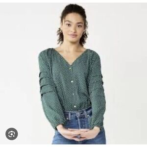 Draper James‎ RSVP Bodysuit Top Womens L Green Dot Blouse Long Sleeve Polka Dot